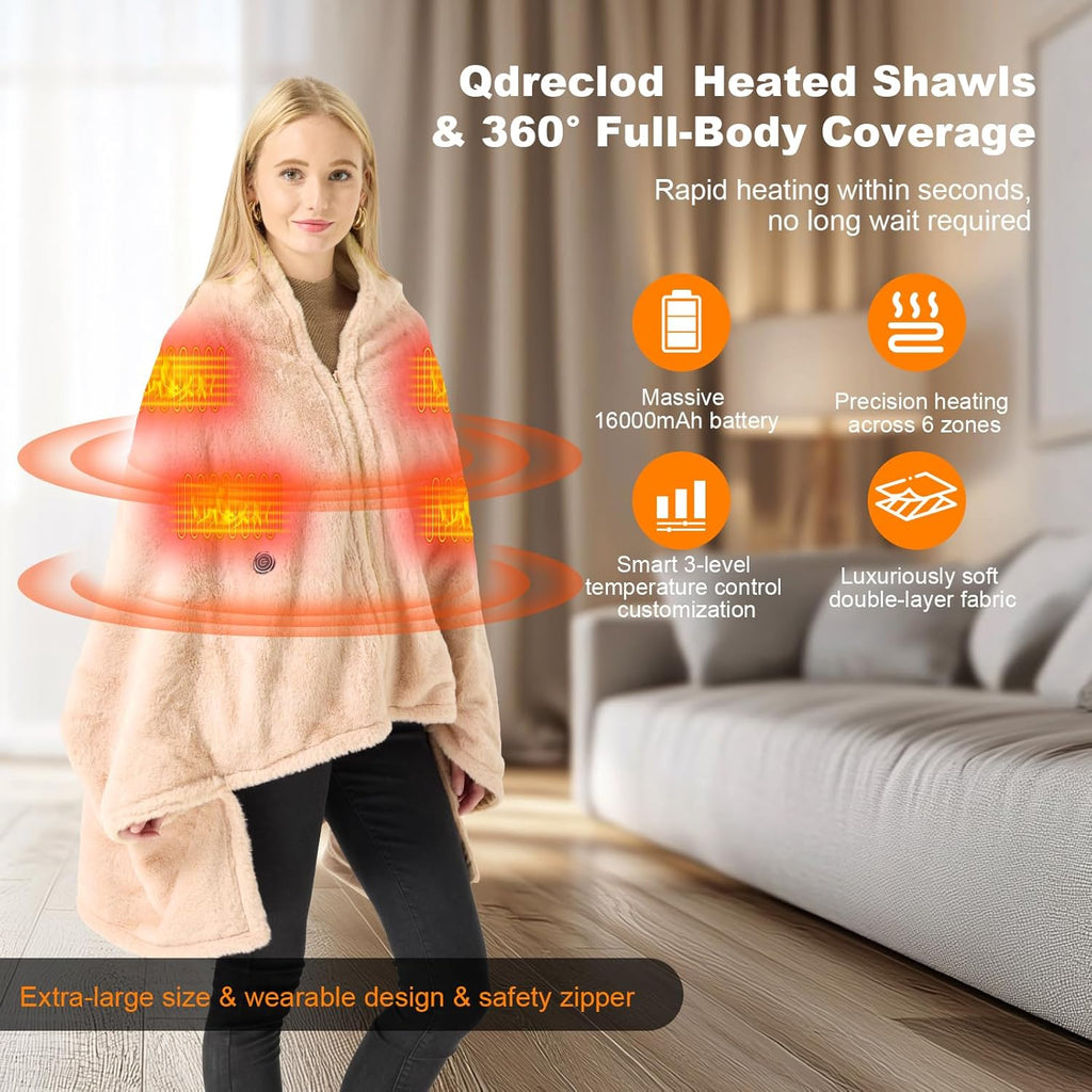 Cordless Heated Blanket Battery Operated with Fleece Lining 7.4V 16000mAh Battery Portable Wearable Heated Shawl for Women Men 6 Heating Zones 3 Fast-Heating Levels (Battery Included)