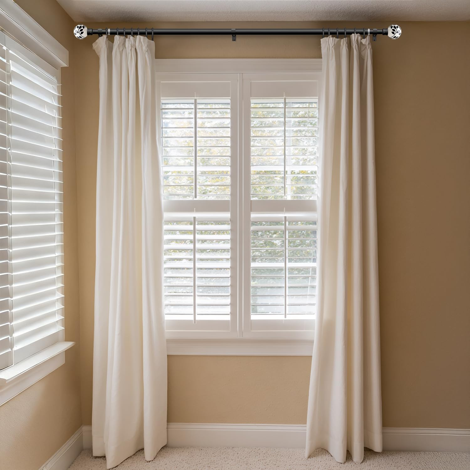 Ceramic Black Curtain Rods for Windows 28 to 48 Inches Adjustable Length Heavy Duty 1" Diameter Window Curtain Rod with Modern Leaf Pattern Decorative Finials for Bedroom Kitchen Living Room