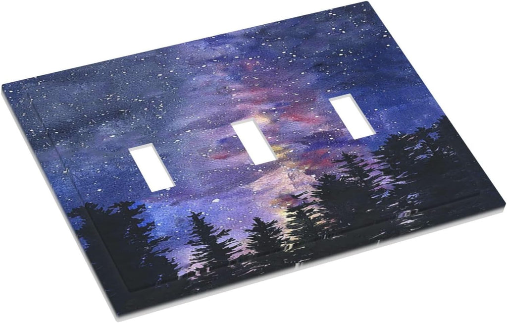 Decorative Switch Plates Dream Milky Way Starry Forest Pine Watercolor Painting 3 Gang Wall Plate Faceplate Triple Toggle Light Switch Cover Electrical Wall Panels for Bedroom Home Decor