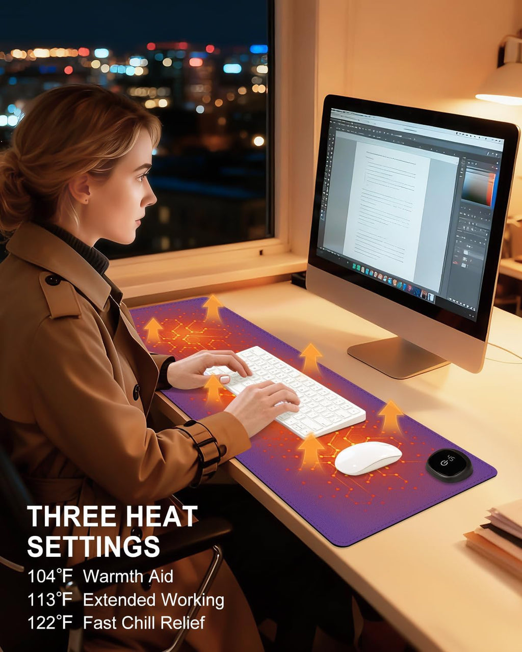 Heated Desk Pad, 31.5" x 13" Leather Non-Slip Warm Desk Pad, Large Mouse Mat with 3 Levels Heating & 3 Hours Auto Shut-Off, Hand and Foot Warmer for Office, Home, Purple