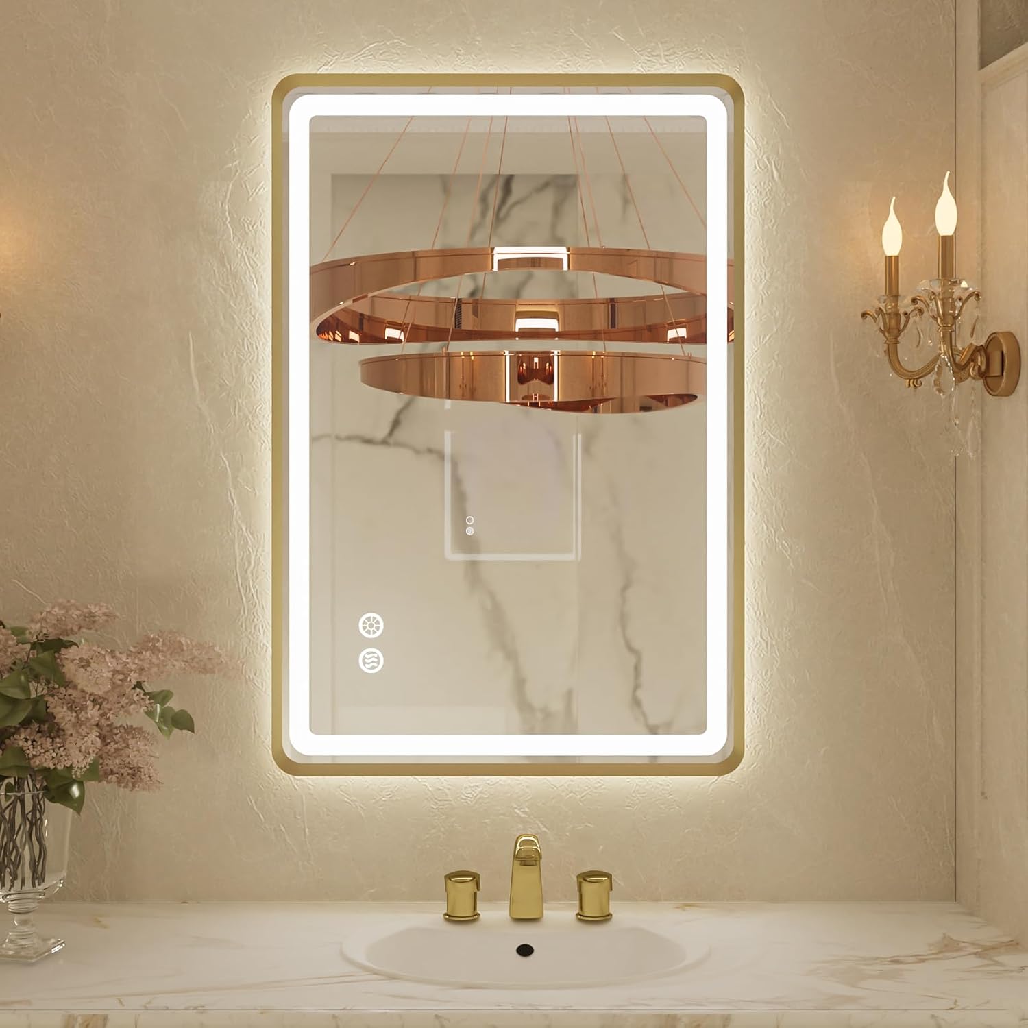 24x32 Inch LED Bathroom Mirror with Round Corner Gold Framed, Lighted Vanity Mirrors with Lights, Front Light and Backlit, Stepless Dimmable, Anti-Fog, Memory, 3 Colors Wall-Mounted Mirrors