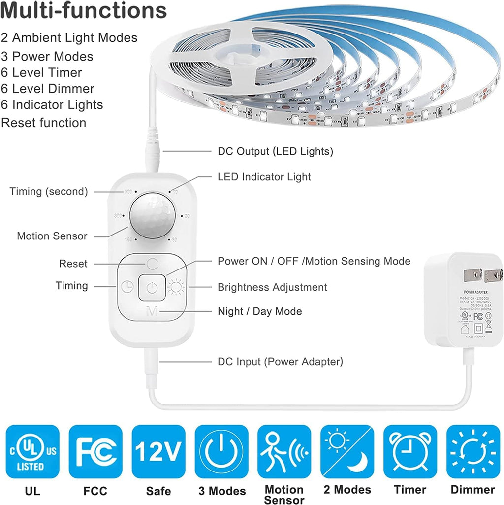 Motion Sensor Under Cabinet Lights - Plug-in LED Strip Lights Indoor With UL FCC Approved Adapter, Dimmer And Timer For Kitchen Cabinet, Counter, Shelf, Showcase, Stairway, Bedroom, Corridor, Washroom