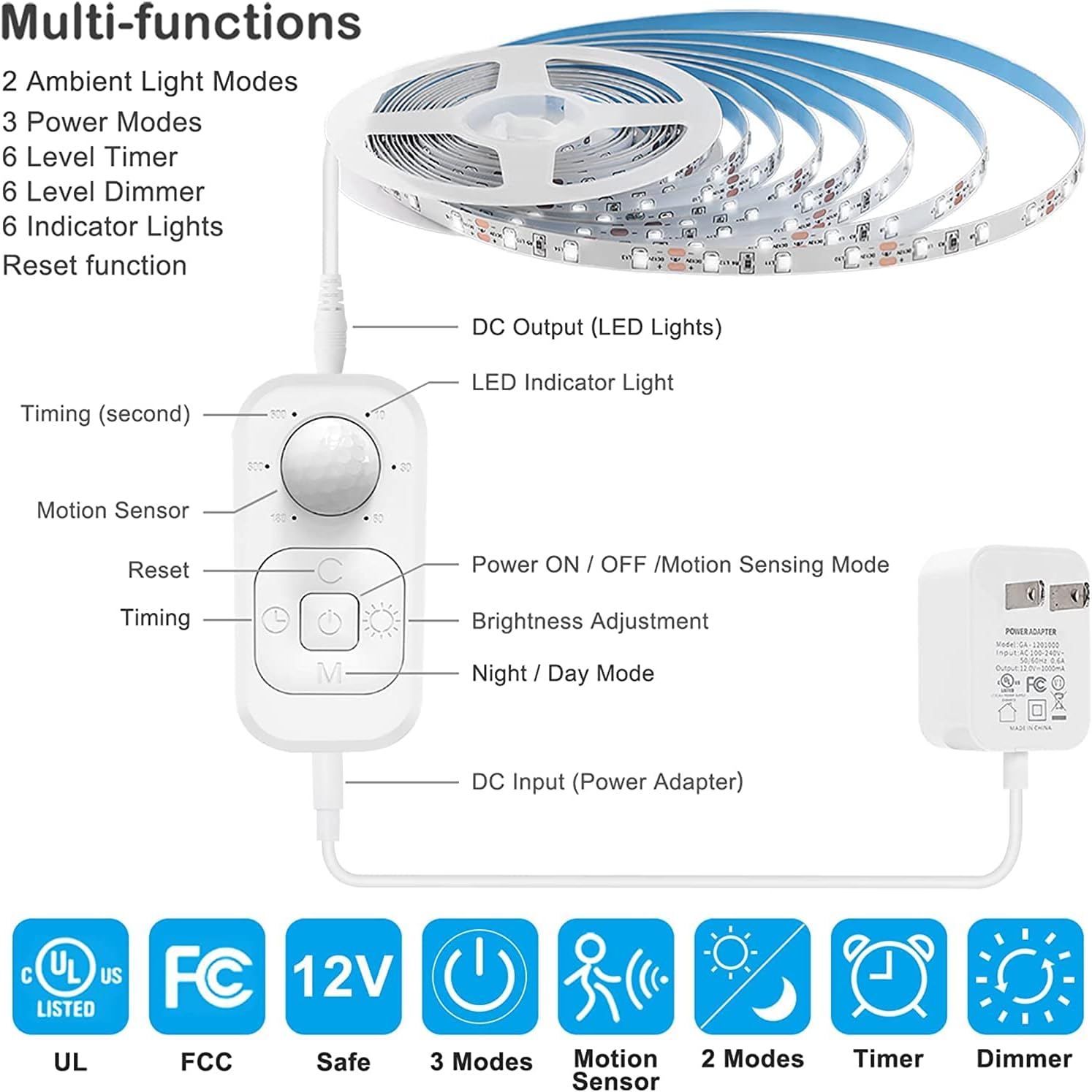 Motion Sensor Under Cabinet Lights - Plug-in LED Strip Lights Indoor With UL FCC Approved Adapter, Dimmer And Timer For Kitchen Cabinet, Counter, Shelf, Showcase, Stairway, Bedroom, Corridor, Washroom