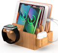 Pezin & Hulin Bamboo Charging Station Organizer for Multiple Devices, Desktop Docking Stations Holder for Cell Phone, Tablet, SmartWatch & Earbuds Stand (Included 5 Cables) (No USB Charger)