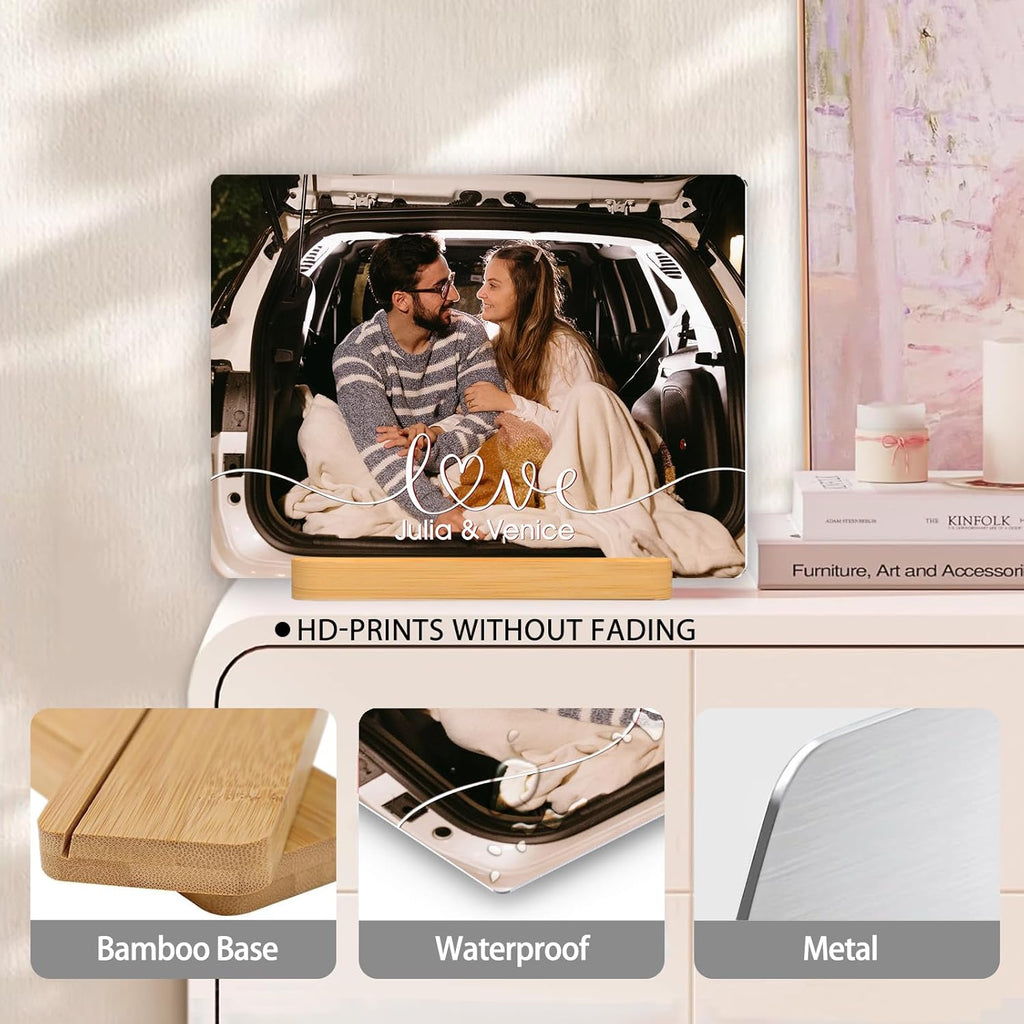 Custom Photo Prints - Metal Desktop Picture Frame with Photos & Name & Wooden Base Personalized Gifts for Family Friends and Lovers, Optional Multiple Sizes