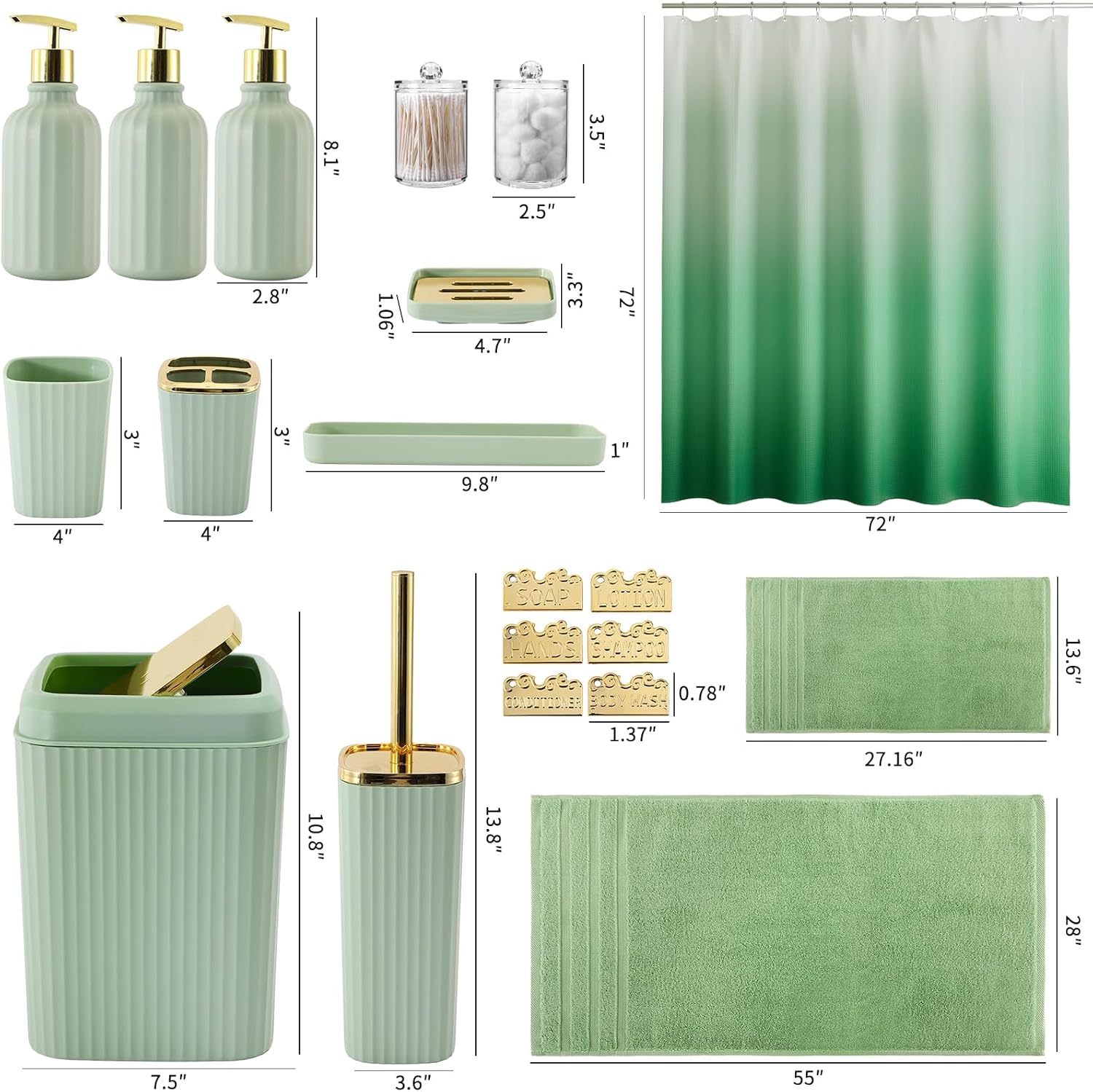 32PCS Bathroom Accessories Set Bathroom Set,Green Shower Curtain Set,Bath Towel Set,Hand Towel,Toilet Brush,Trash Can & 3PCS Soap Dispenser