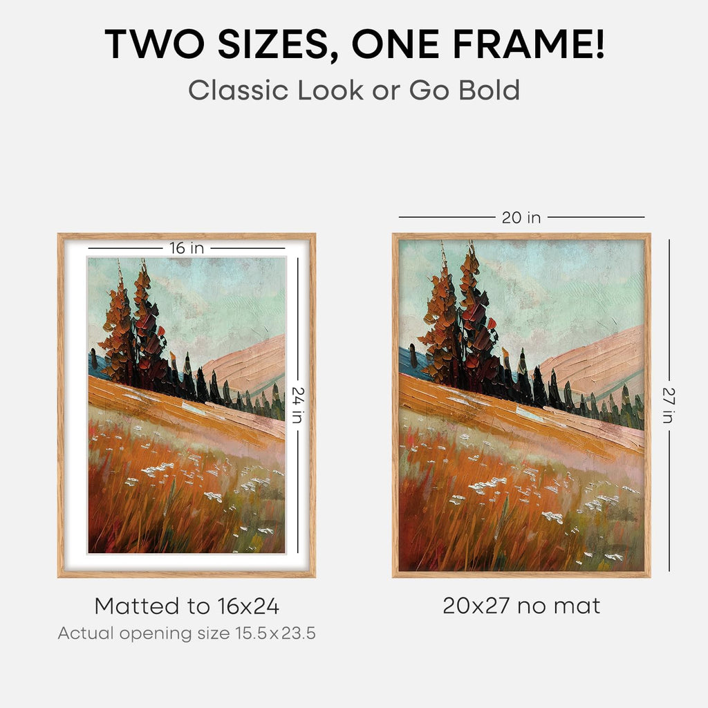 Homeforia 20x27 Picture Frame Natural Wood, High End Oak 20x27 Light Wooden Poster Frame with Mat 16x24, 20 x 27 Frames Matted to 16 x 24 Photo, 27x20 Hanging Frame, Tempered Glass, Wall Kit, Set of 1