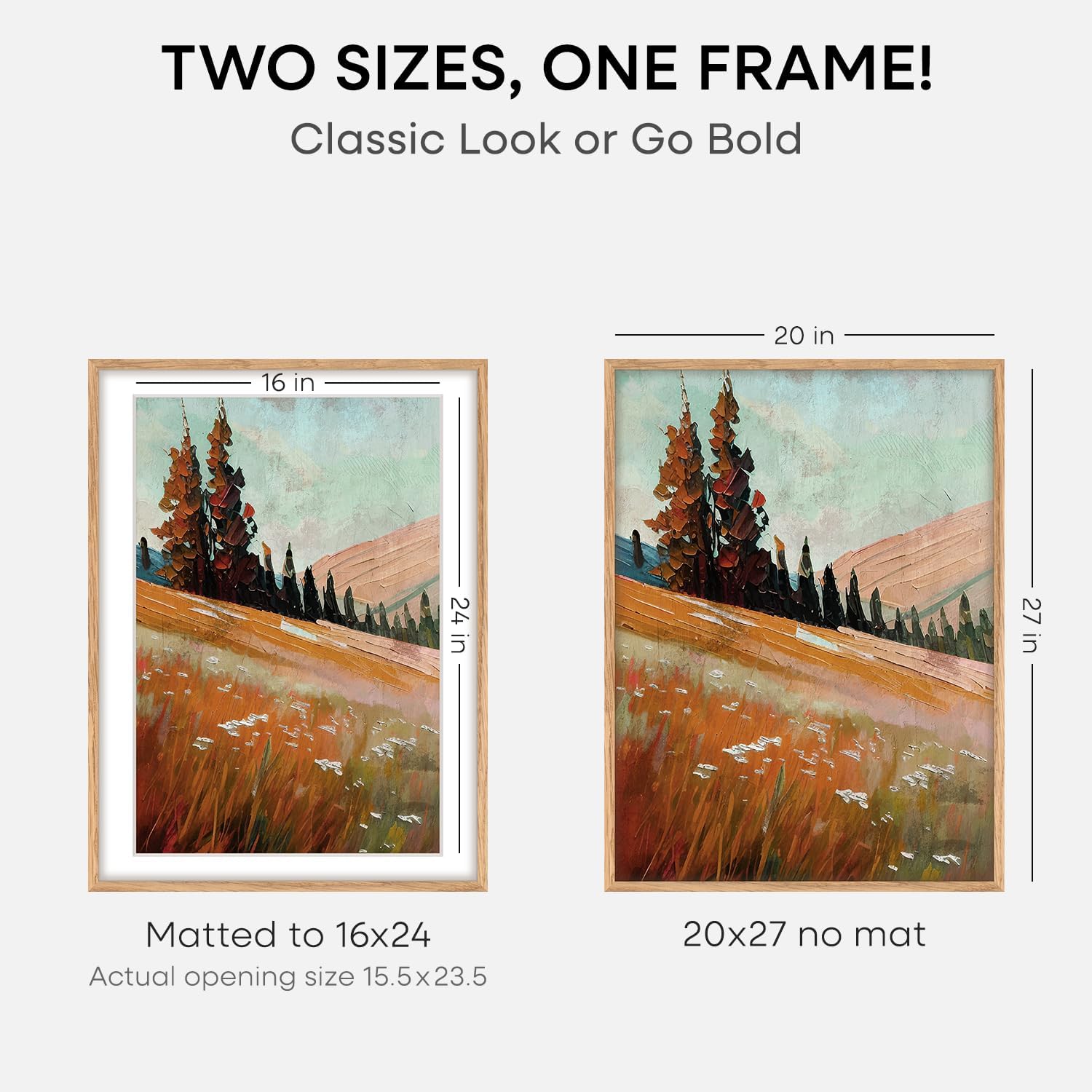 Homeforia 20x27 Picture Frame Natural Wood, High End Oak 20x27 Light Wooden Poster Frame with Mat 16x24, 20 x 27 Frames Matted to 16 x 24 Photo, 27x20 Hanging Frame, Tempered Glass, Wall Kit, Set of 1