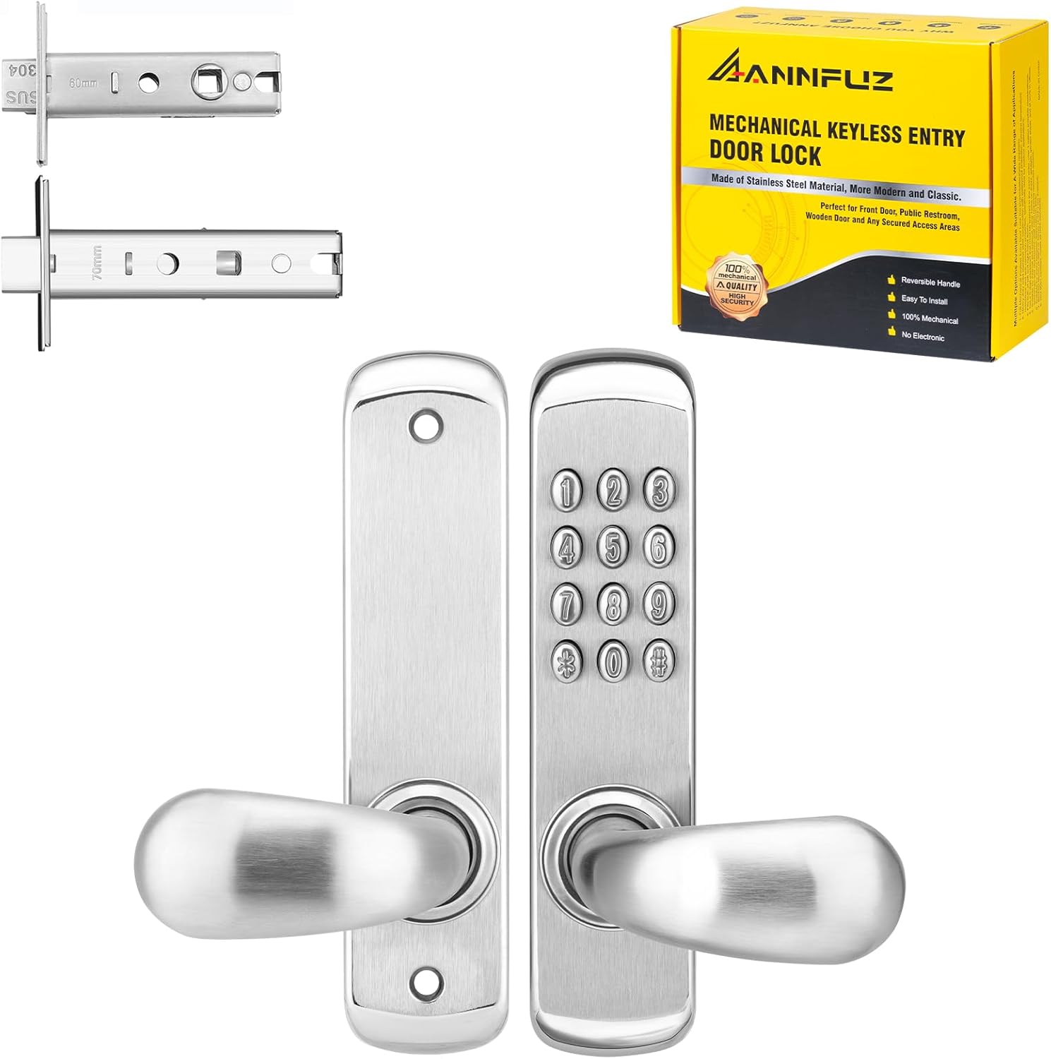 Stainless Steel Mechanical Keypad Entry Door Handle Lock,Commercial Keyless Push Button Code Door Lever,Single-Sided Combination &Interior Non-Locking,Exterior Auto-Lock,for Outdoor,Silver