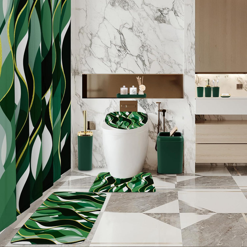 Bathroom Set - Green and Gold Bathroom Accessories, Bathroom Sets with Shower Curtain and Rugs, Green Shower Curtain Set with Bathroom Trash Can, Soap Dispenser, Soap Dish for Home Decor