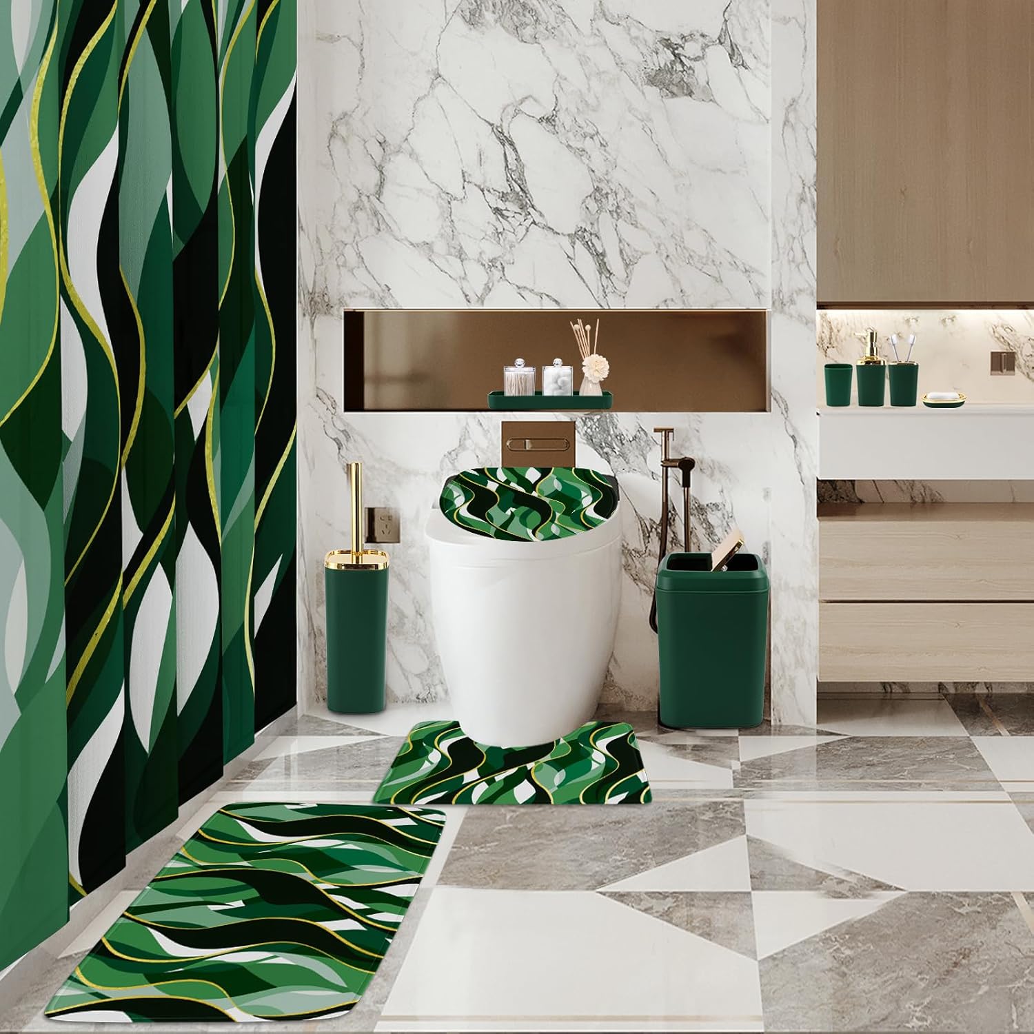 Bathroom Set - Green and Gold Bathroom Accessories, Bathroom Sets with Shower Curtain and Rugs, Green Shower Curtain Set with Bathroom Trash Can, Soap Dispenser, Soap Dish for Home Decor