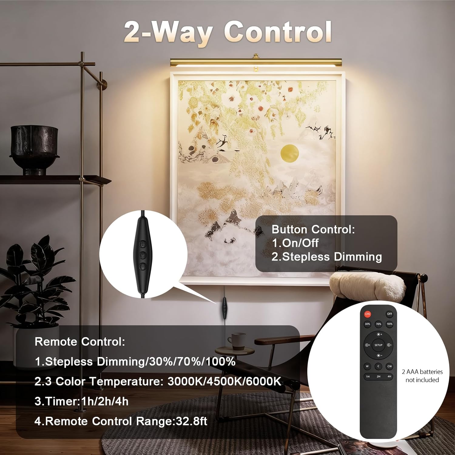 9W Picture Light Plug in, 24" Adjustable LED Art Light with Remote Control, Dimmable Wall Light for Picture Display Dartboard Art Work (Gold)