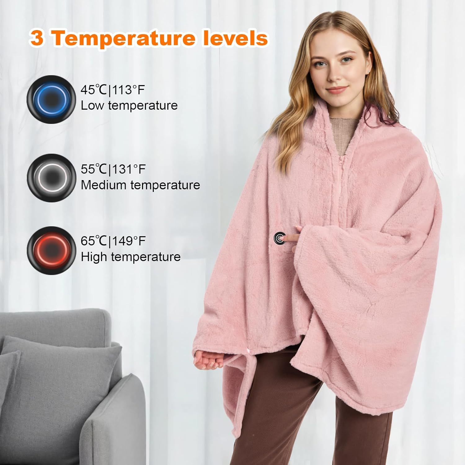 Graphene Heated Blanket Battery Operated, 20000mAh Battery 7.4V Fast Heating Blanket Portable Heated Shawl, Cordless Rechargeable Heated Shawl 3 Temperature Settings, Gift for Women (Pink)
