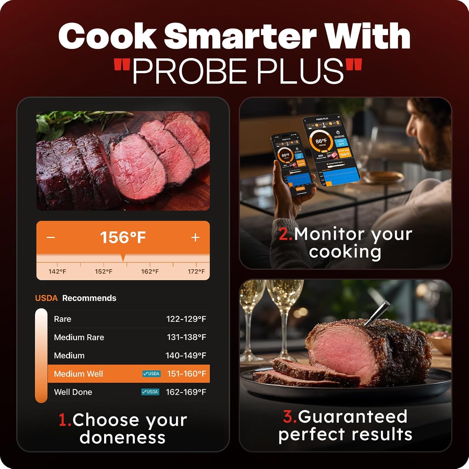 Smart Wireless Meat Thermometer with Ultra-Thin Probe, 6 Sensors Accuracy Digital Food Thermometer 0.5S Instant Read, IP67 Waterproof for BBQ, Grill, Smoker, Oven, Air Fryer,Red