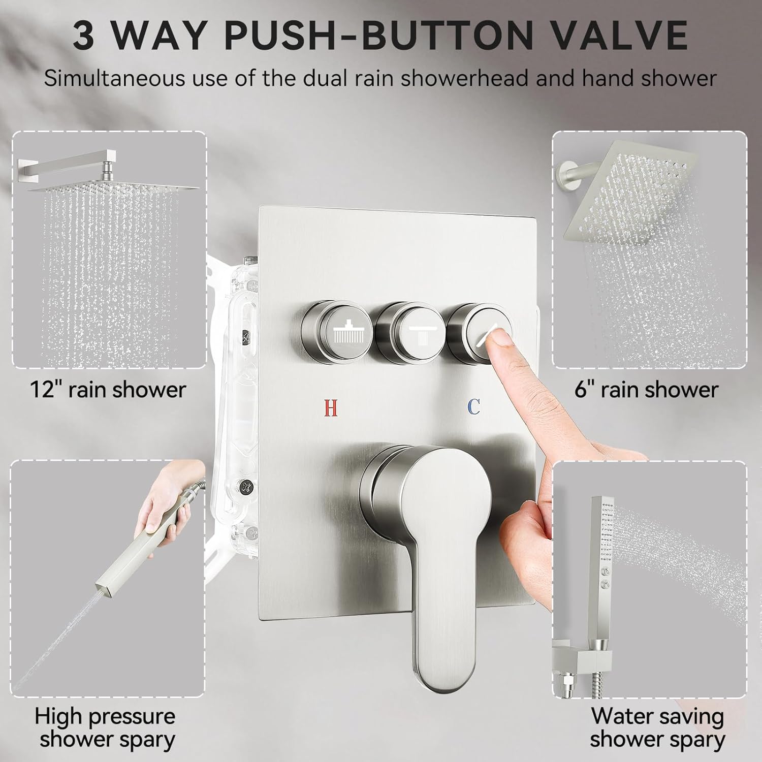 Shower System Dual Head，STARBATH 12+6" Rainfall Shower Head and Handheld Spray, Wall Mounted 3 Way Shower Faucet Set with Push Button Pressure Balance Valve and Trim Kit Brushed Nickel
