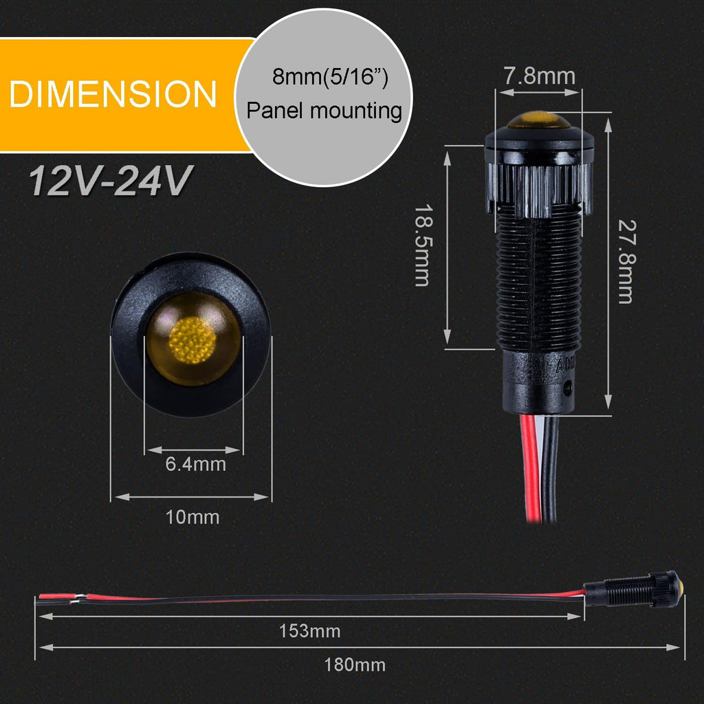 5pcs 8mm LED Indicator Light Plastic Black Signal Dot Lamp 12V-24V 5/16" Mounting Hole Size with 15cm/5.9in. Wire (Yellow LED)