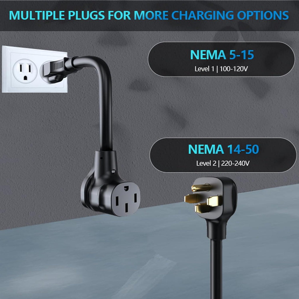 40 amp EV Charger Level 2 & 1 Portable EV Charging Station with 25FT Cable, 240V, NEMA 14-50 Plug with SAE J1772 Fast Charging for Indoor/Outdoor(with Tesla Adapter & NEMA 5-15 Plug)