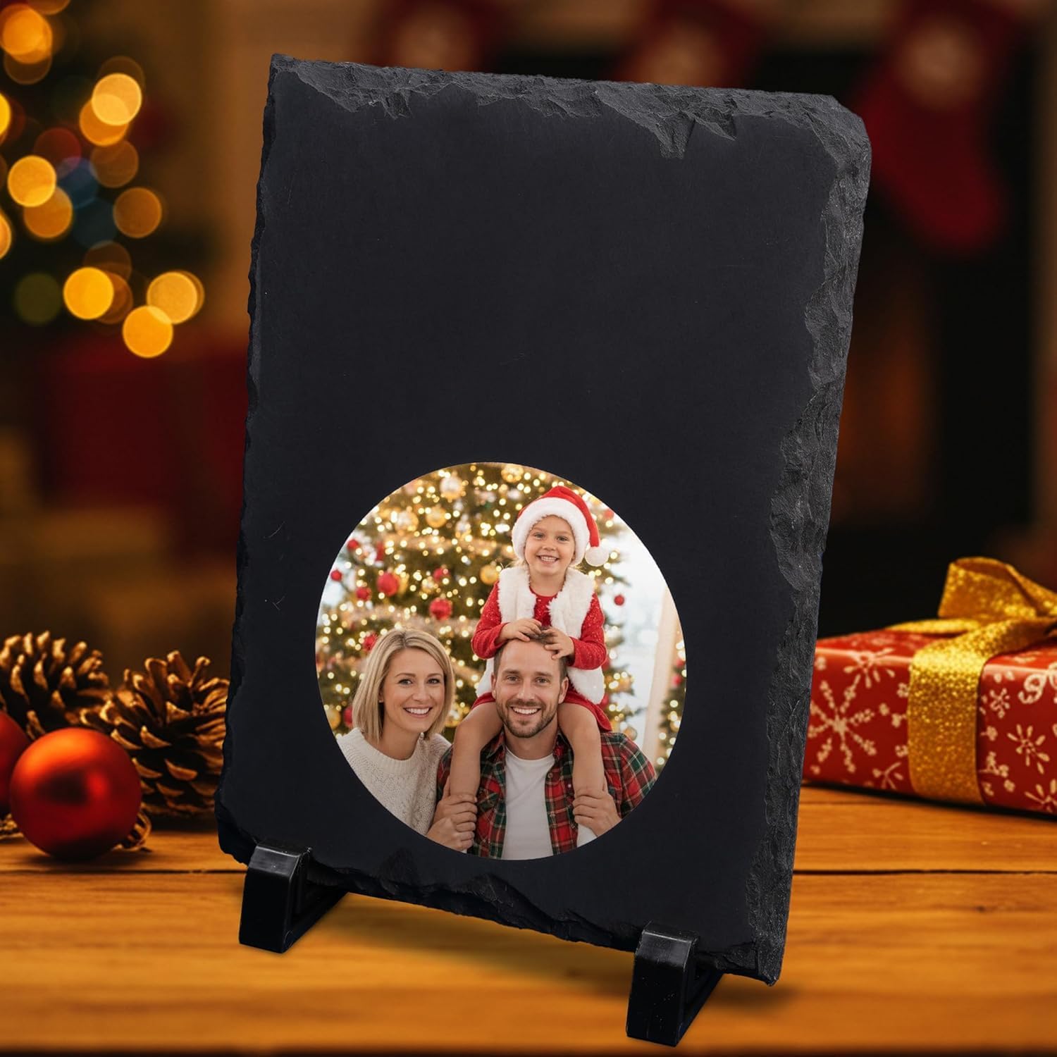 ArtPix 3D Christmas Personalized Slate Plate, Customized Xmas Photo Print Stone, Custom Picture Gift for Wife, Women, Family, Her, Him, Rock Slate Plaque Frame (Medium - Round White Patch)