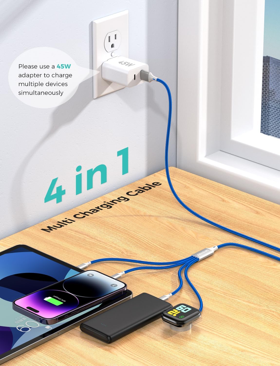 Travel Essentials,4 in 1 for Apple Watch Charger/iPhone Charger/Multi Charging Cable,Vacation RV Camping Essentials,USB C/L/Micro Portable Charger for iWatch 11-1/iPhone 17-12,Car&Gift-Blue