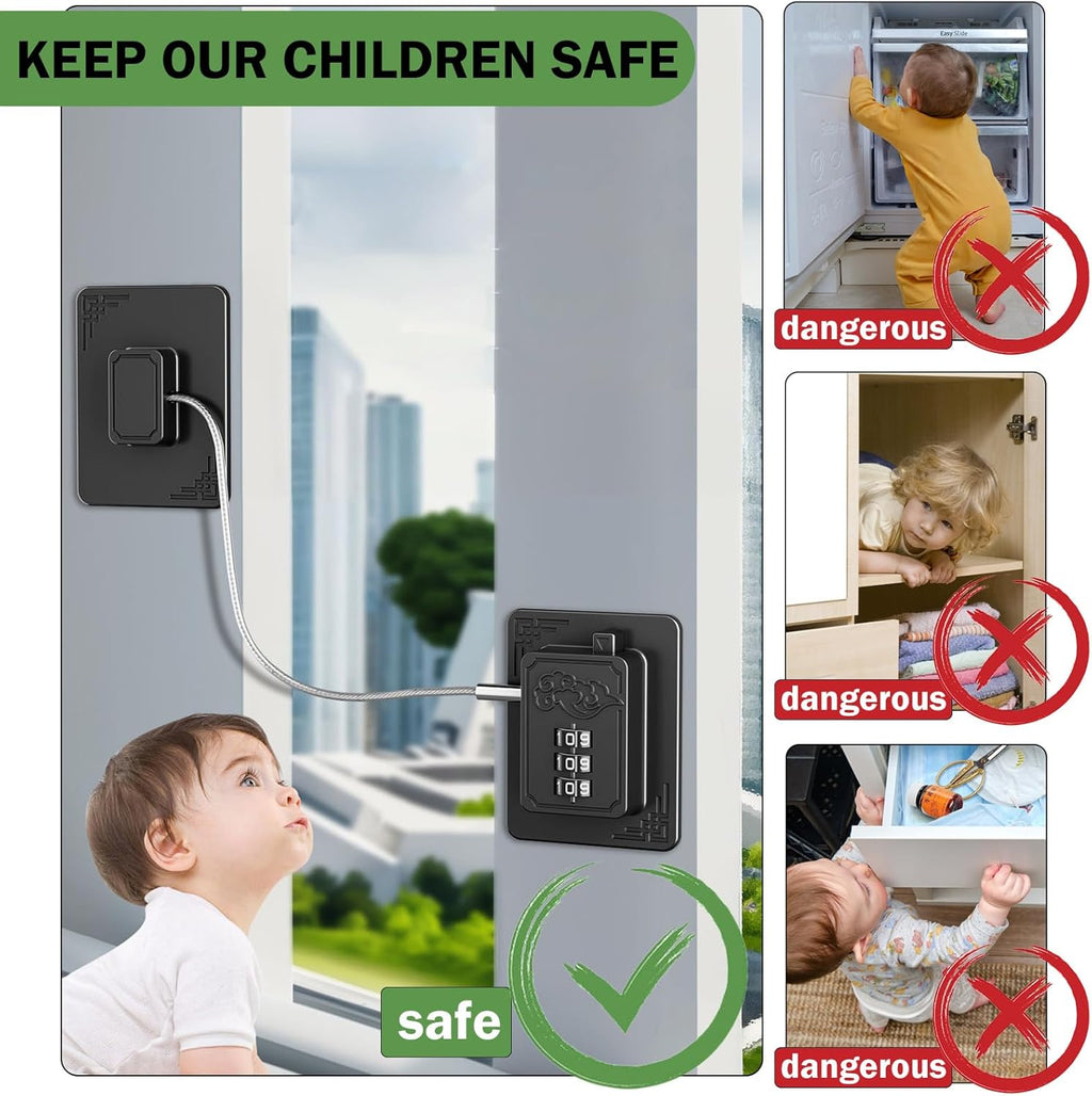 4 Pack Refrigerator Locks with 3 Digit Code, Easy Install Fridge Lock Combination, Premium Freezer Lock, Child Proof Cabinet Locks for Refrigerators, Drawers, Closets, Windows (Black)