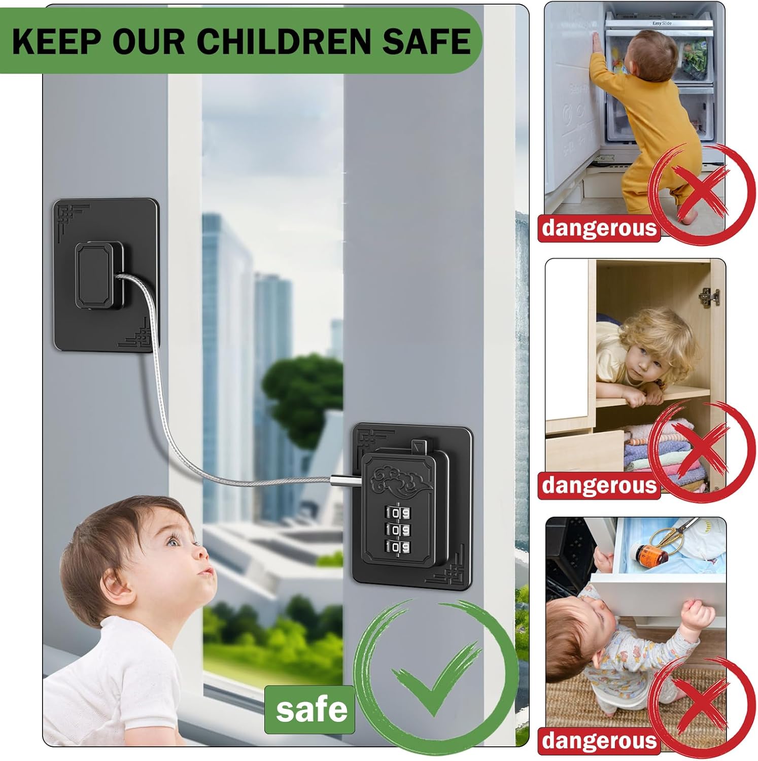 4 Pack Refrigerator Locks with 3 Digit Code, Easy Install Fridge Lock Combination, Premium Freezer Lock, Child Proof Cabinet Locks for Refrigerators, Drawers, Closets, Windows (Black)