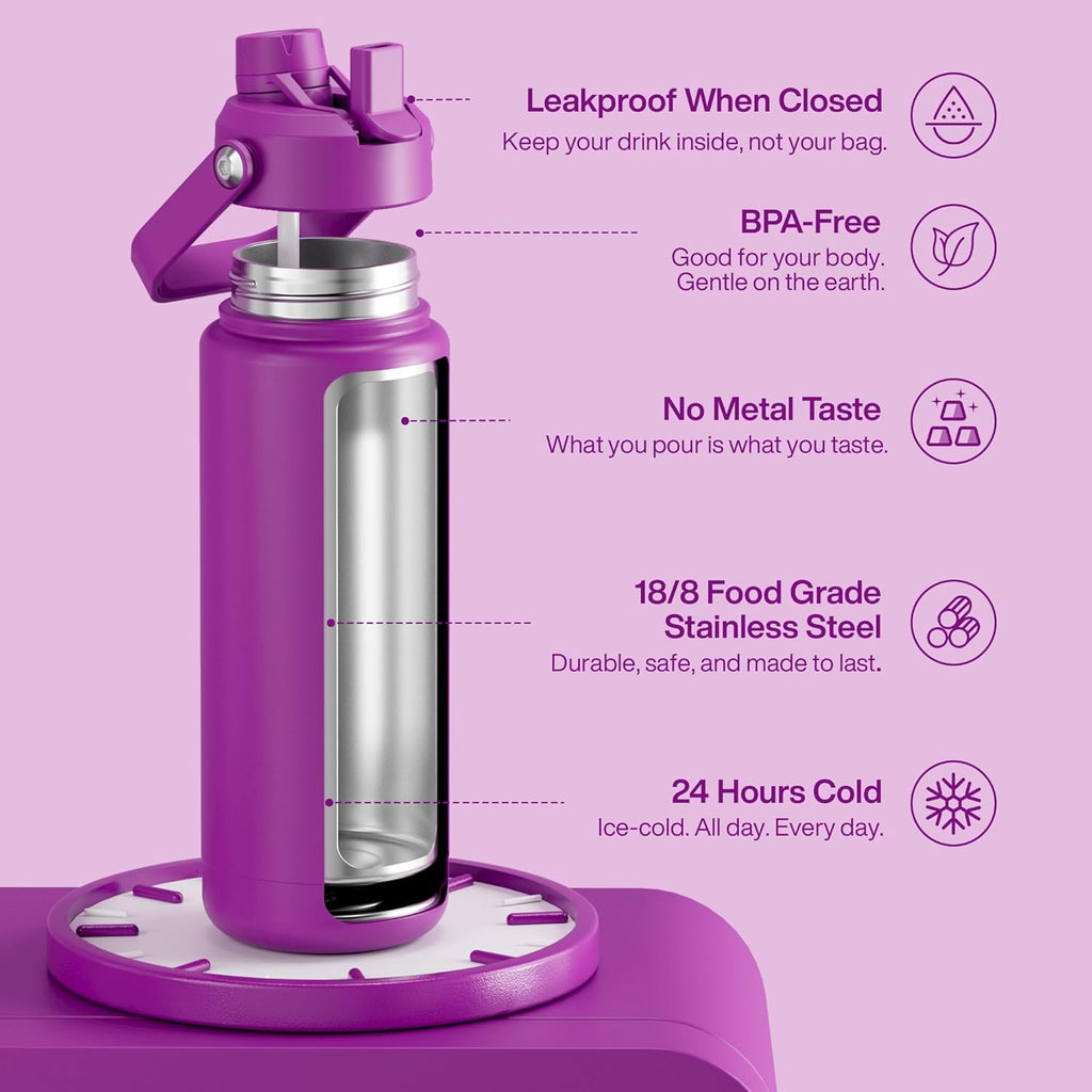 ENCOOL Insulated Water Bottle with Straw Stainless Steel Water Bottle, Leak-Proof, BPA-Free, Double Wall Vacuum Keeps Cold for 24 Hours for Sports, Travel, School (32 oz, Bright Magenta)