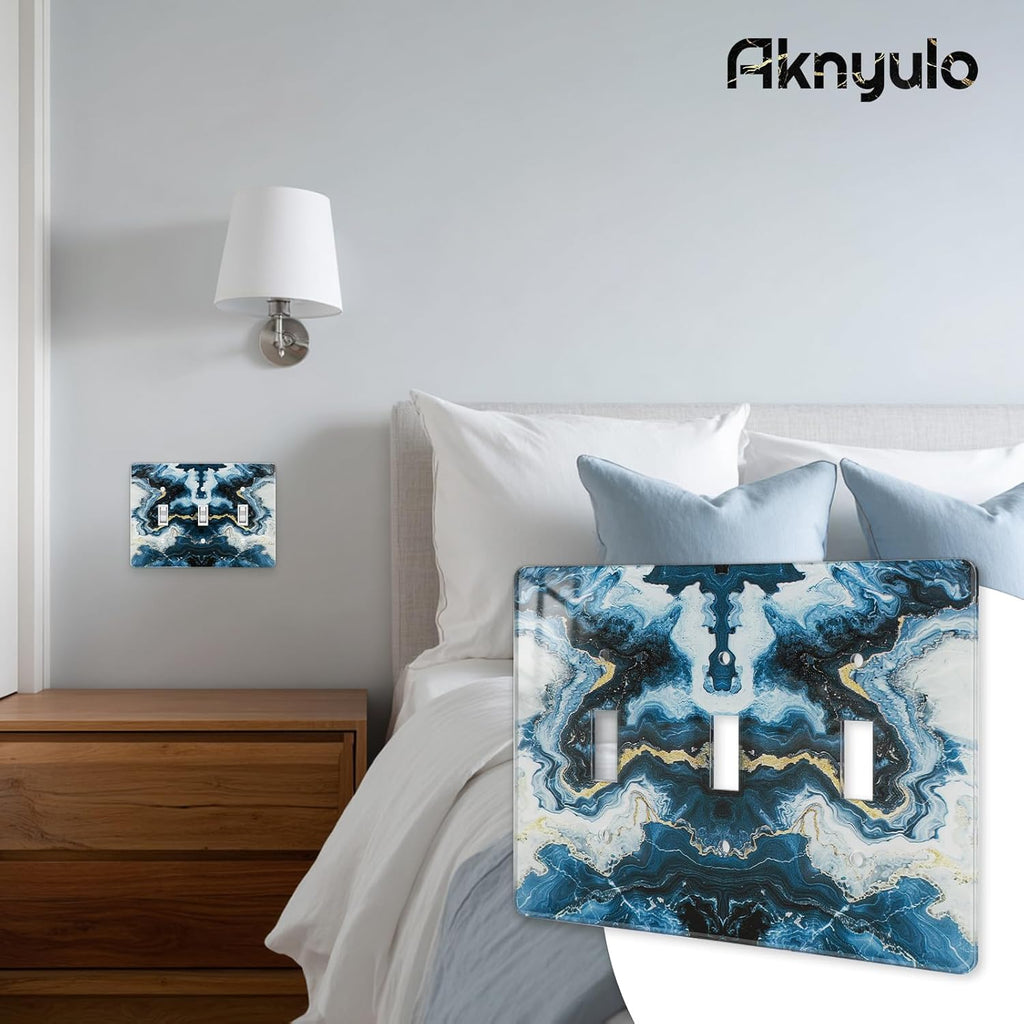 Luxurious Blue and Gold Marble Wall Plate Acrylic Light Switch Cover Decorative Wall Plate Outlet Covers Light Switch Plate Cover 3 Gang Switch Plate