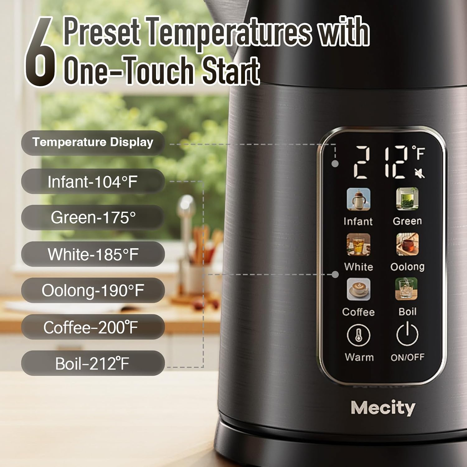 Mecity Electric Kettle 1.7L Touch Screen Temperature Control Water Boiler, No Plastic Contact with Water. 6 Preset Temperature Programs, 2 Hours Keep Warm, Dark Grey