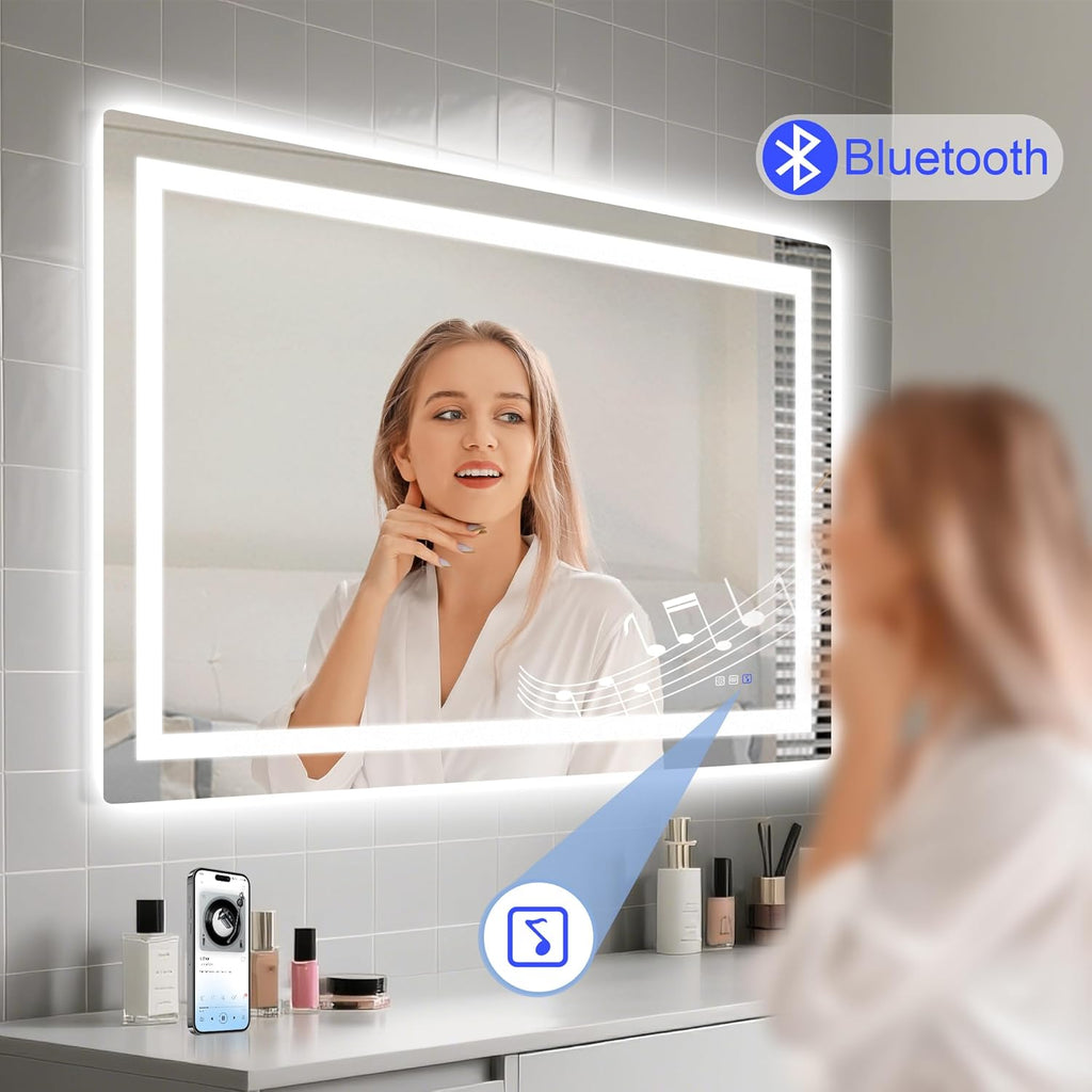 STARLEAD Led-Bathroom-Mirror-with-Lights, 59"x35" Wall-Mounted with 3 Colors Dimmable Light, Bluetooth Speaker, Anti-Fog, Memory, Tempered Glass, Front & Backlit (Horizontal/Vertical)