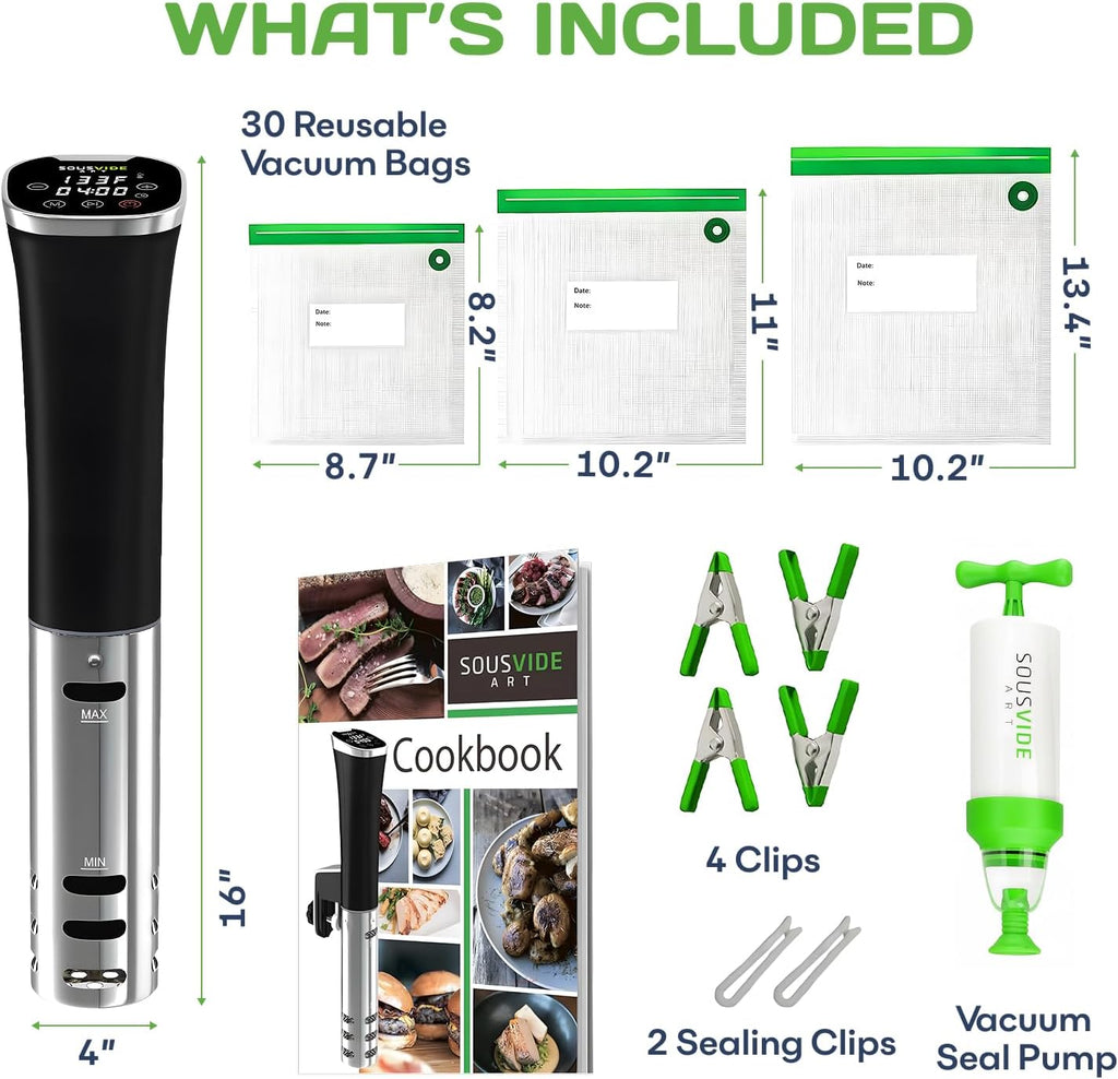 SOUSVIDE ART Sous Vide Immersion Cooker Kit - Machine with Digital Timer, Temp Control, 30 Bags, Vacuum Pump, Suvee Cooker Gift for Chefs