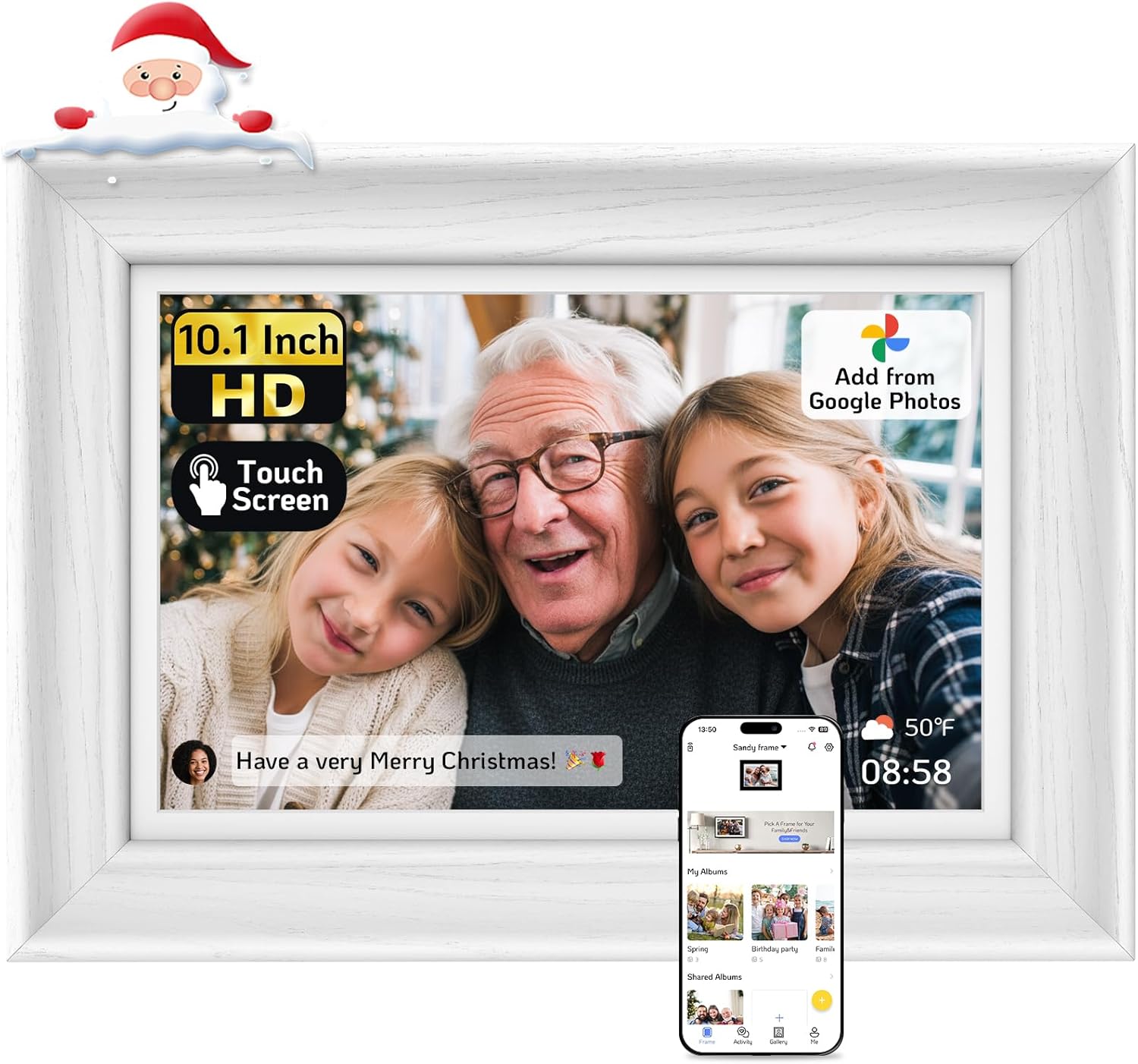 NexFoto Touchscreen Digital Picture Frame 10.1 Inch 64GB, WiFi Photo Frame Electronic, Add Pics from Google Photos, Easy to Share Videos via App/USB/Micro SD, for Christmas/Mom/Birthday, White Wood