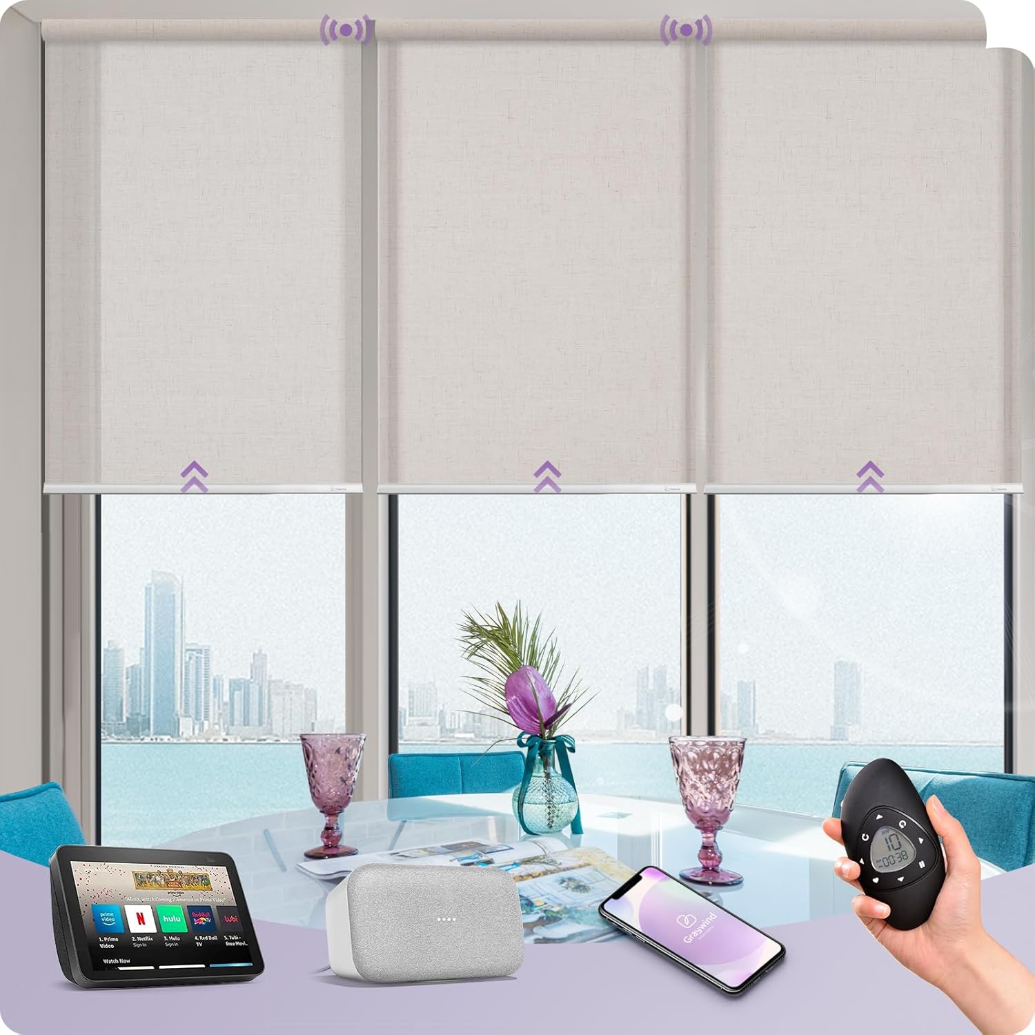 Graywind Motorized Light Filtering Shades Compatible with Alexa Google Rechargeable Remote Control Smart Blinds Automatic Window Shade with Valance for Home Office, Custom Size (Sheer Linen Beige)