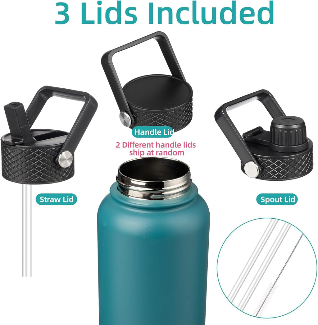 32 oz Insulated Water Bottle Stainless Steel Sport Bottles with 3 Lids,Light Blue