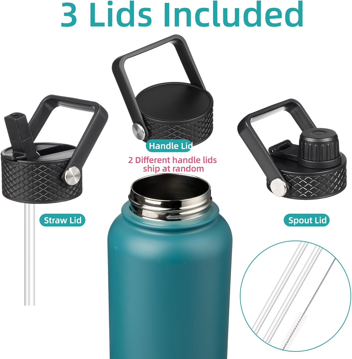 40oz Insulated Water Bottle Stainless Steel Sport Bottles with 3 Lids,Light Blue