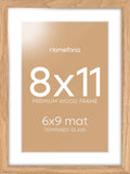 Homeforia 8x11 Picture Frame Wood, High End Natural Oak 8 x 11 Light Wooden Frames with Mat 6 by 9 inch Photo, 8by11 Frame Matted to 6x9 Art, Wall or Tabletop Frame, Tempered Glass, Wall Kit, Set of 1