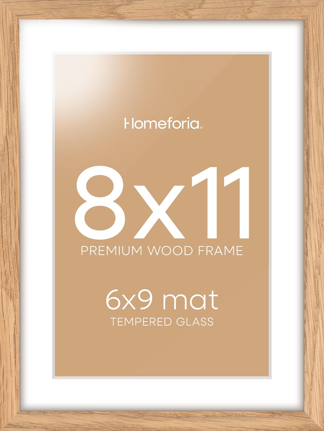 Homeforia 8x11 Picture Frame Wood, High End Natural Oak 8 x 11 Light Wooden Frames with Mat 6 by 9 inch Photo, 8by11 Frame Matted to 6x9 Art, Wall or Tabletop Frame, Tempered Glass, Wall Kit, Set of 1