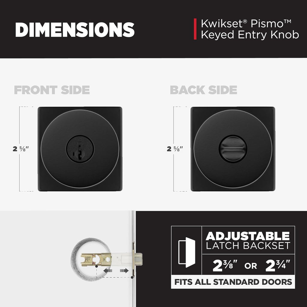 Kwikset Pismo Entry Door Knob with Lock and Key, Secure Keyed Handle Exterior, Front Entrance and Bedroom, Matte Black, 4 Pack, Pick Resistant SmartKey Rekey Security and Microban