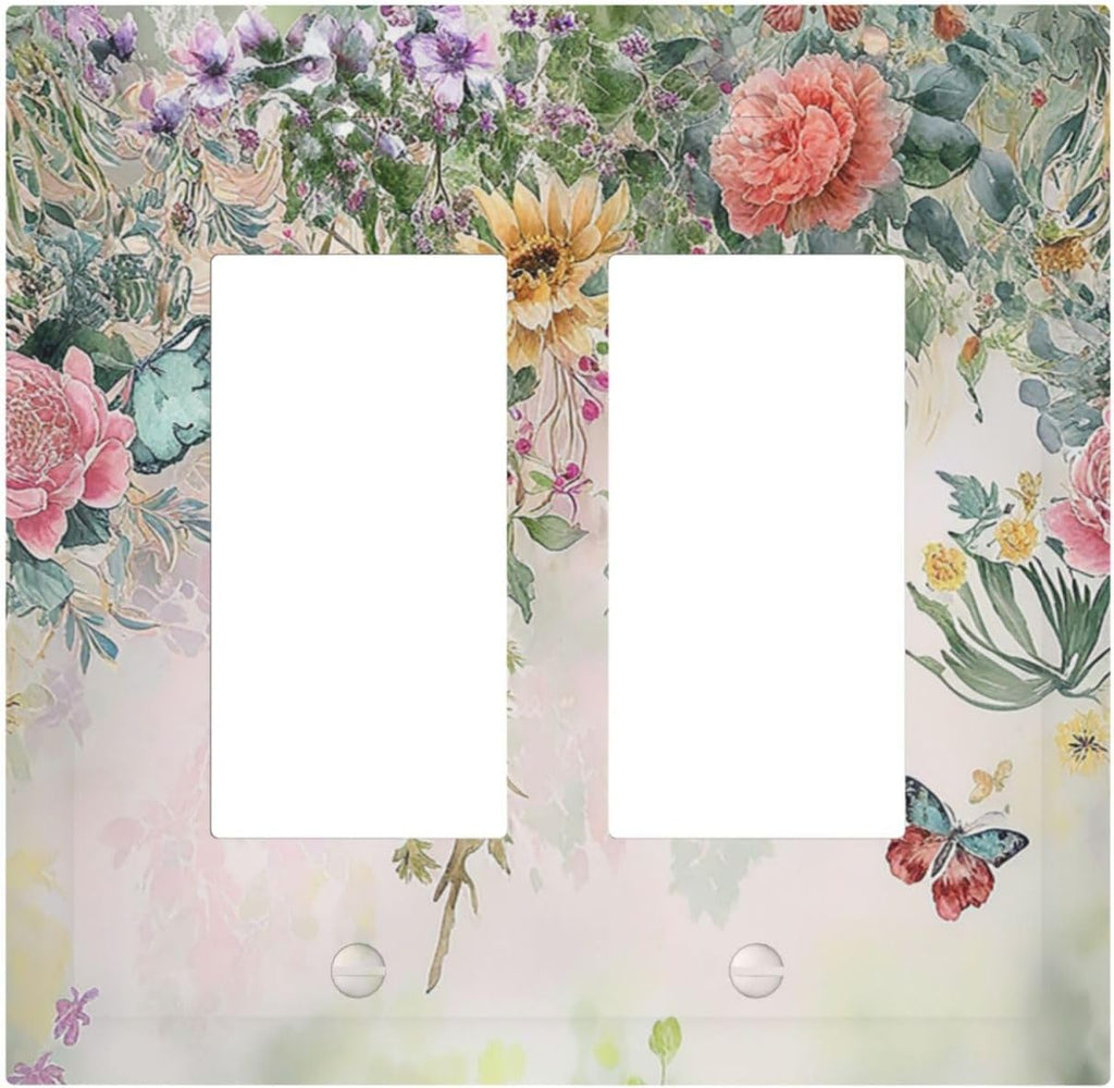 Rustic Floral Watercolor Flower Blossom Butterfly Outlet Covers Light Switch Cover Plate 2 Gang Double Rocker Wall Plates Decorative Switch Plates Plug Cover Electrical GFCI Receptacle 4.9 X 5 IN