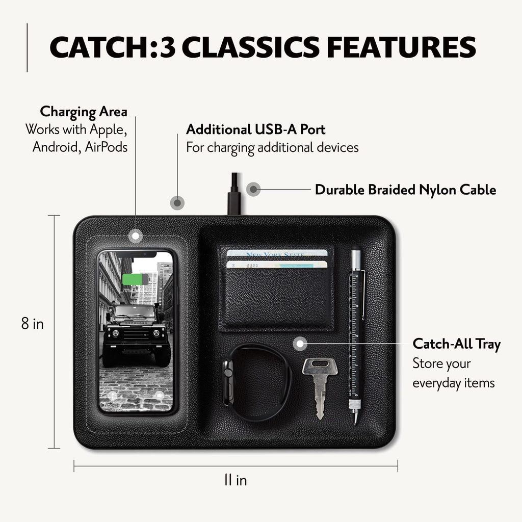 Courant Catch:3 Classics - Italian Leather Wireless Charging Station and Valet Tray (Black) - Compatible with iPhone 16, 15, 14, 13, 12, 11, Galaxy S24, S23, S22, S21, S20, Note, AirPods, AirPods Pro