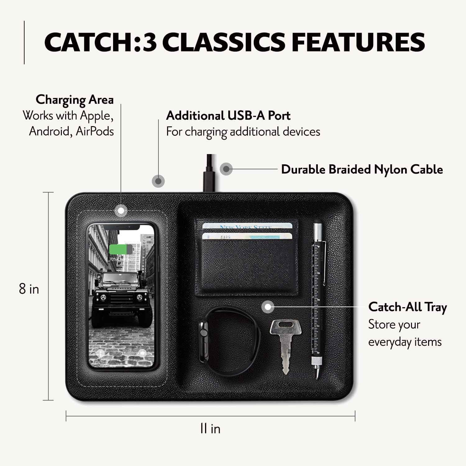 Courant Catch:3 Classics - Italian Leather Wireless Charging Station and Valet Tray (Black) - Compatible with iPhone 16, 15, 14, 13, 12, 11, Galaxy S24, S23, S22, S21, S20, Note, AirPods, AirPods Pro