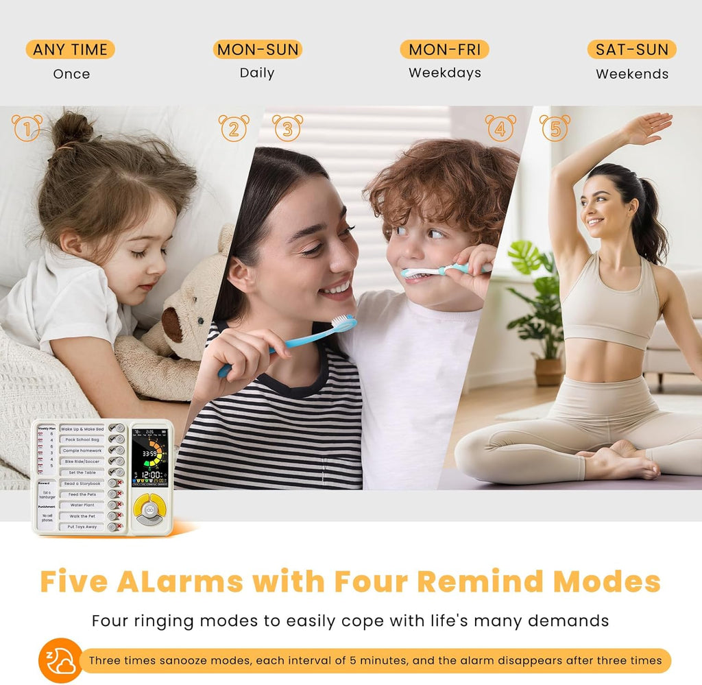 5 IN 1 Visual Timer for Kids/Adults with Chore Chart, ADHD Tools 12/24H Silent Task Timer and Pomodoro Timer, ADHD & Autism Sensory Products, Visual Schedule for Kids Back to School Supplies Off-white