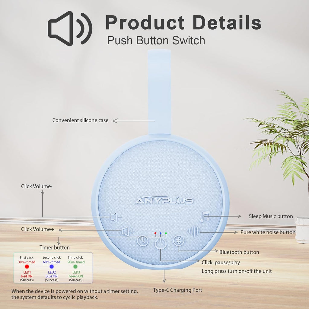 White Noise Sound Machine for Sleeping Adults & Baby, Portable Noise Machine with 24 Soothing Sounds, Bluetooth 5.1, Battery Powered, 3 Timer Settings, Memory Function for Home, Office, Travel (Blue)