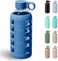 purifyou 40oz / 32oz / 22oz / 12oz Borosilicate Glass Water Bottle with Time & Volume Markers, Silicone Sleeve, Stainless Steel Lid | Reusable Glass Bottle for Water & Juice (22oz Chinese Porcelain)