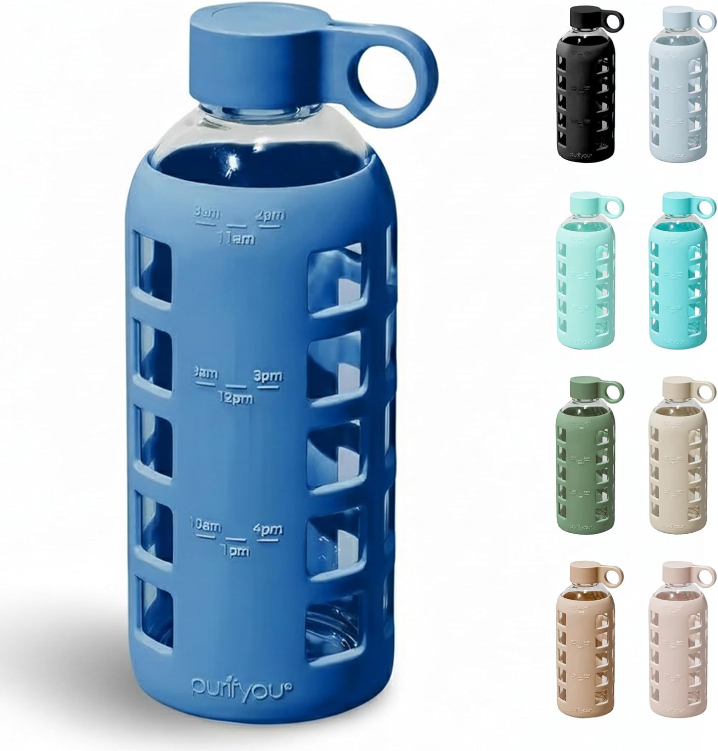 purifyou 40oz / 32oz / 22oz / 12oz Borosilicate Glass Water Bottle with Time & Volume Markers, Silicone Sleeve, Stainless Steel Lid | Reusable Glass Bottle for Water & Juice (22oz Chinese Porcelain)