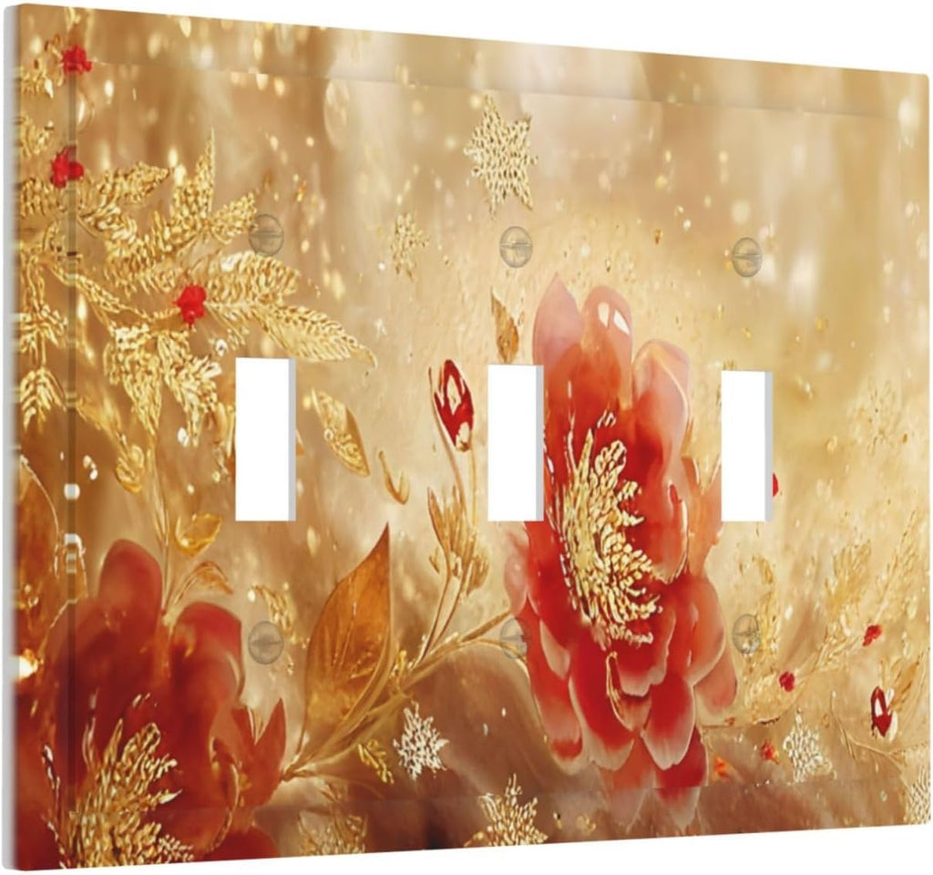 Decorative Light Switch Cover Plate Golden Leaf Red Peony Flowers Floral 3 Gang Wall Plate Oversized Triple Toggle Switch Cover Plate Jumbo Faceplate for Bedroom Decor