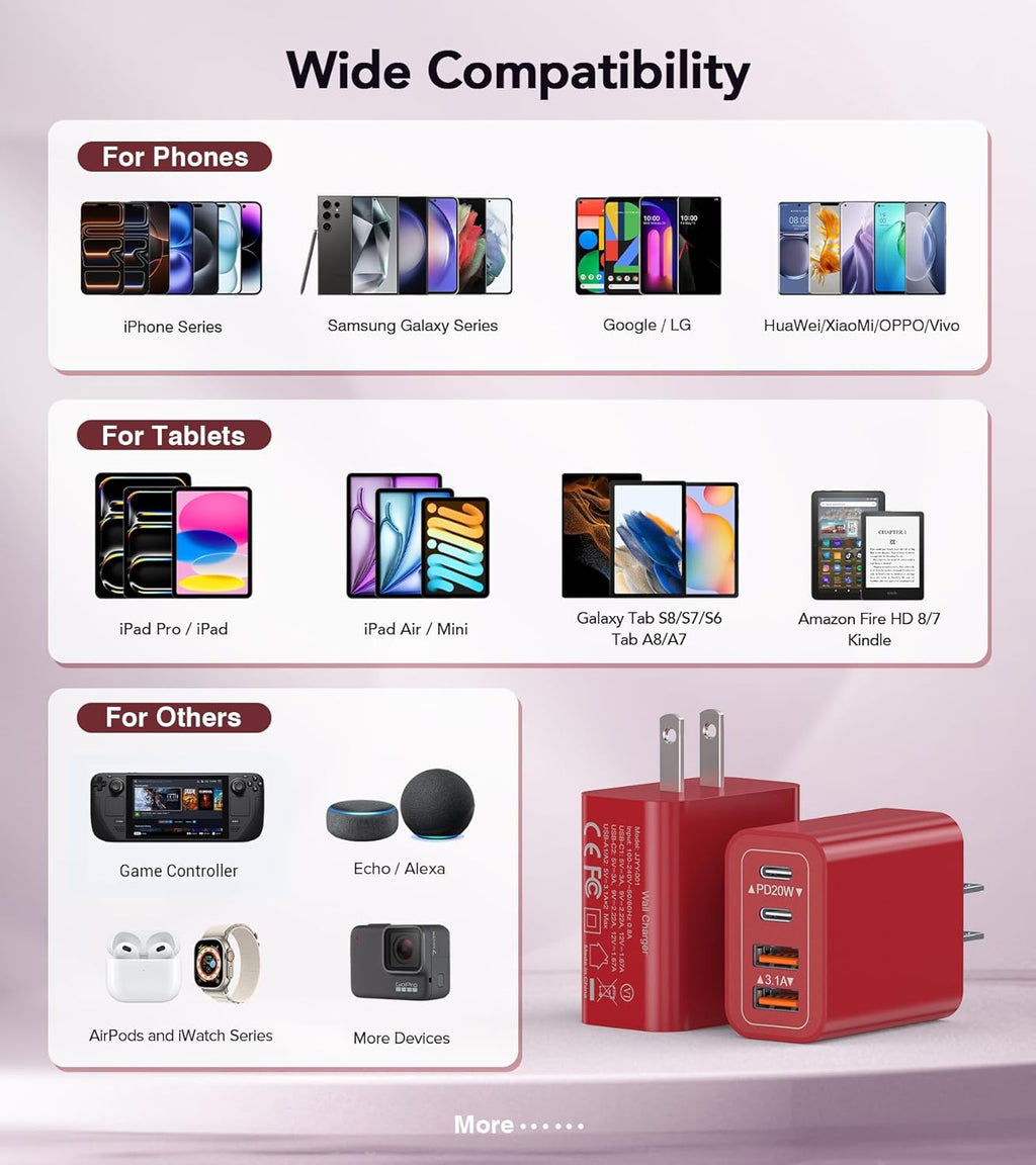 40W USB C Wall Charger, 2-Pack Super Fast Charging Block PD+QC 4 Port Charger Cube for iPhone 17/16,iPad Pro/Mini/Air, iPod Nano, iPod Touch, Switch, Smart Phone, Smartwatches and Tablet(Red)