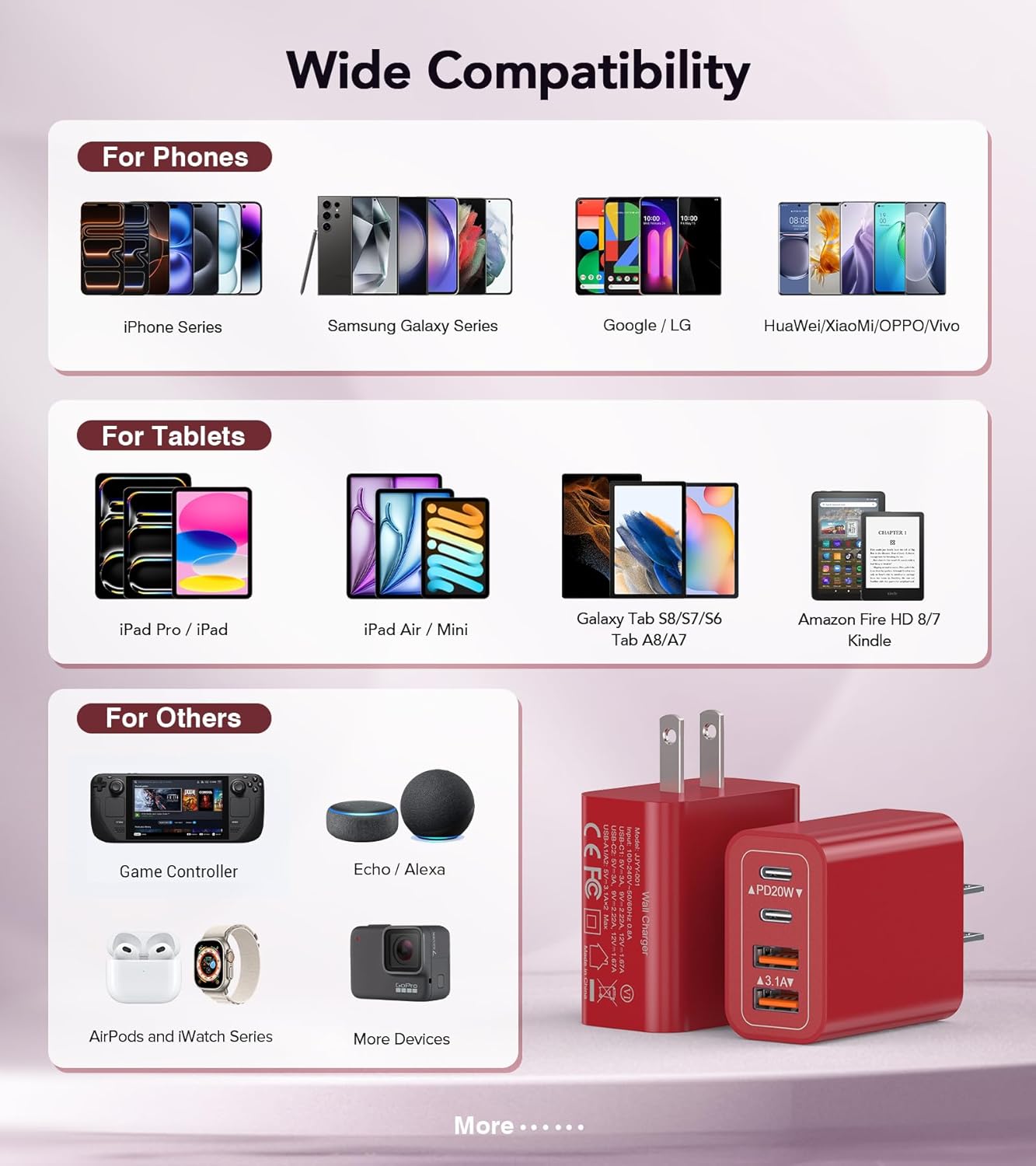 40W USB C Wall Charger, 2-Pack Super Fast Charging Block PD+QC 4 Port Charger Cube for iPhone 17/16,iPad Pro/Mini/Air, iPod Nano, iPod Touch, Switch, Smart Phone, Smartwatches and Tablet(Red)