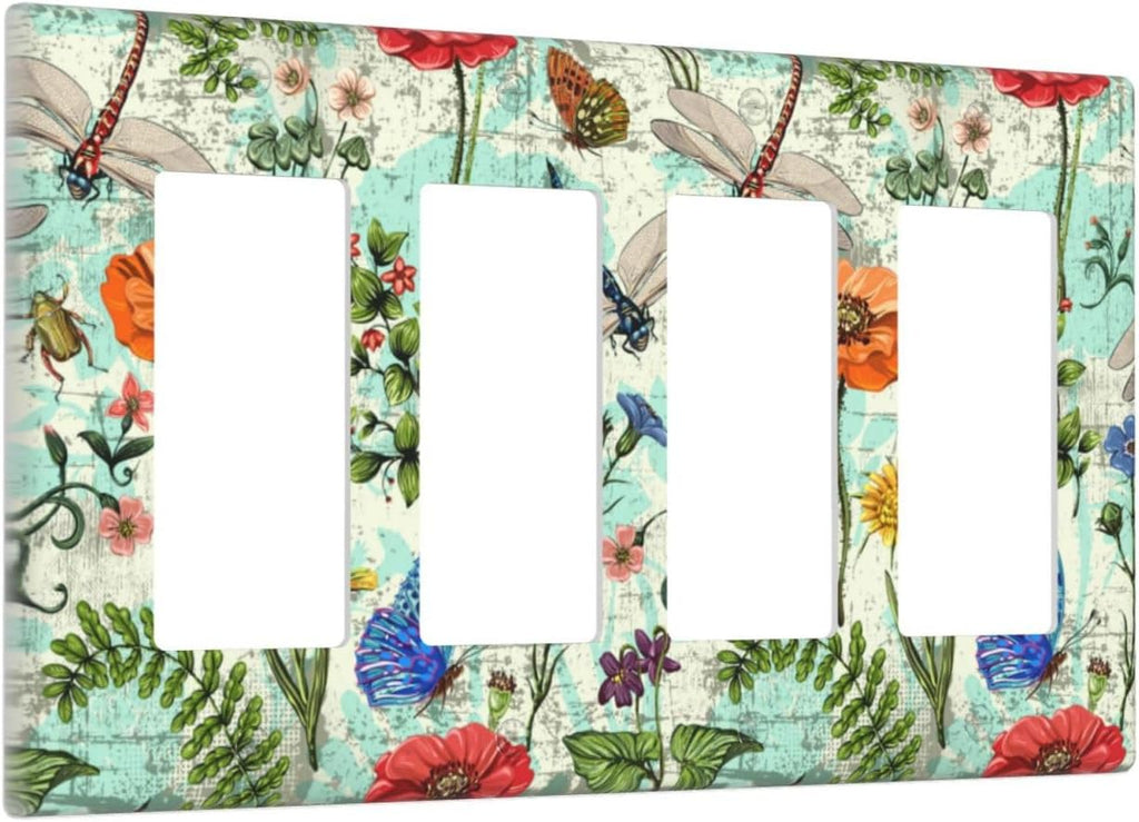 Dragonflies Flowers Butterfly 4 Gang Quad Rocker Outlet Light Switch Cover Decorative Wall Plate Cover For Home Living Bedroom Kitchen Decorative