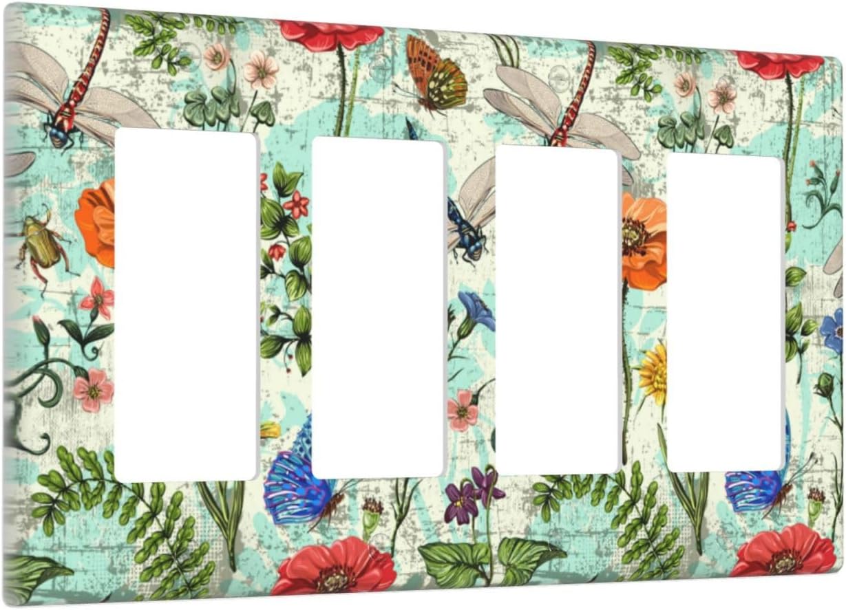Dragonflies Flowers Butterfly 4 Gang Quad Rocker Outlet Light Switch Cover Decorative Wall Plate Cover For Home Living Bedroom Kitchen Decorative