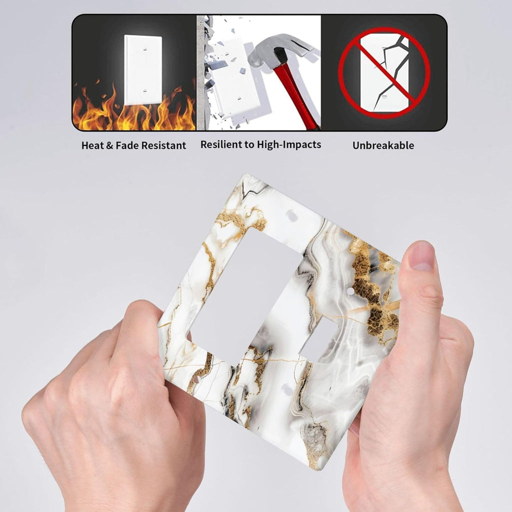 Luxurious Marble Abstract White Gold Tile Modern Simplicity Outlet Covers 1 Toggle 1 Rocker Combination Decorative Wall Plate Electrical Switch Plates Light Switch Cover Plate for Bathroom Kitchen